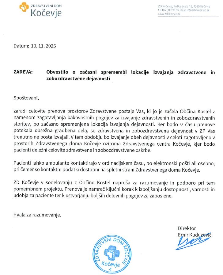 Obvestilo ZD Kočevje